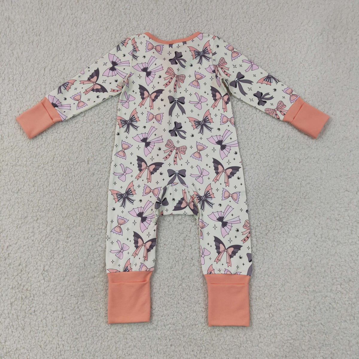 LR3078 Baby Girls Ghost Spides Bows Halloween Two Way Ruffle Zip Convertible Rompers