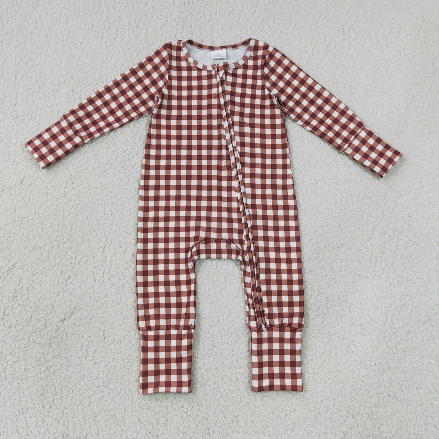Sibling Baby Boys Long Sleeves Khaki Checked Top Pant Fall Pajamas Set Zip Rompers