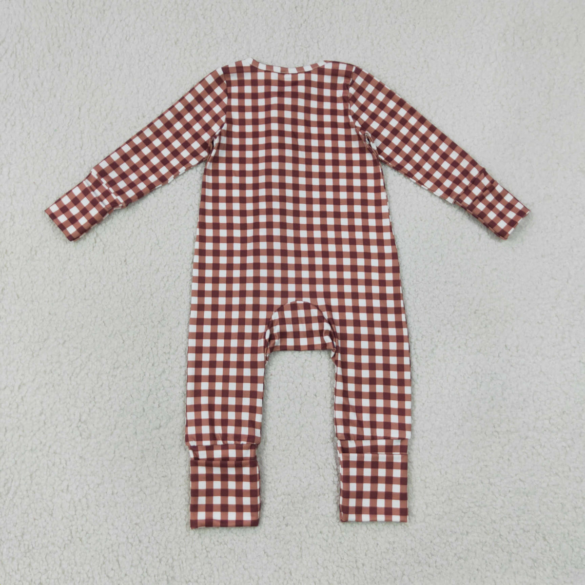 LR3113 Baby Boys Long Sleeve Khaki Checked Two Way Zip Convertible Rompers