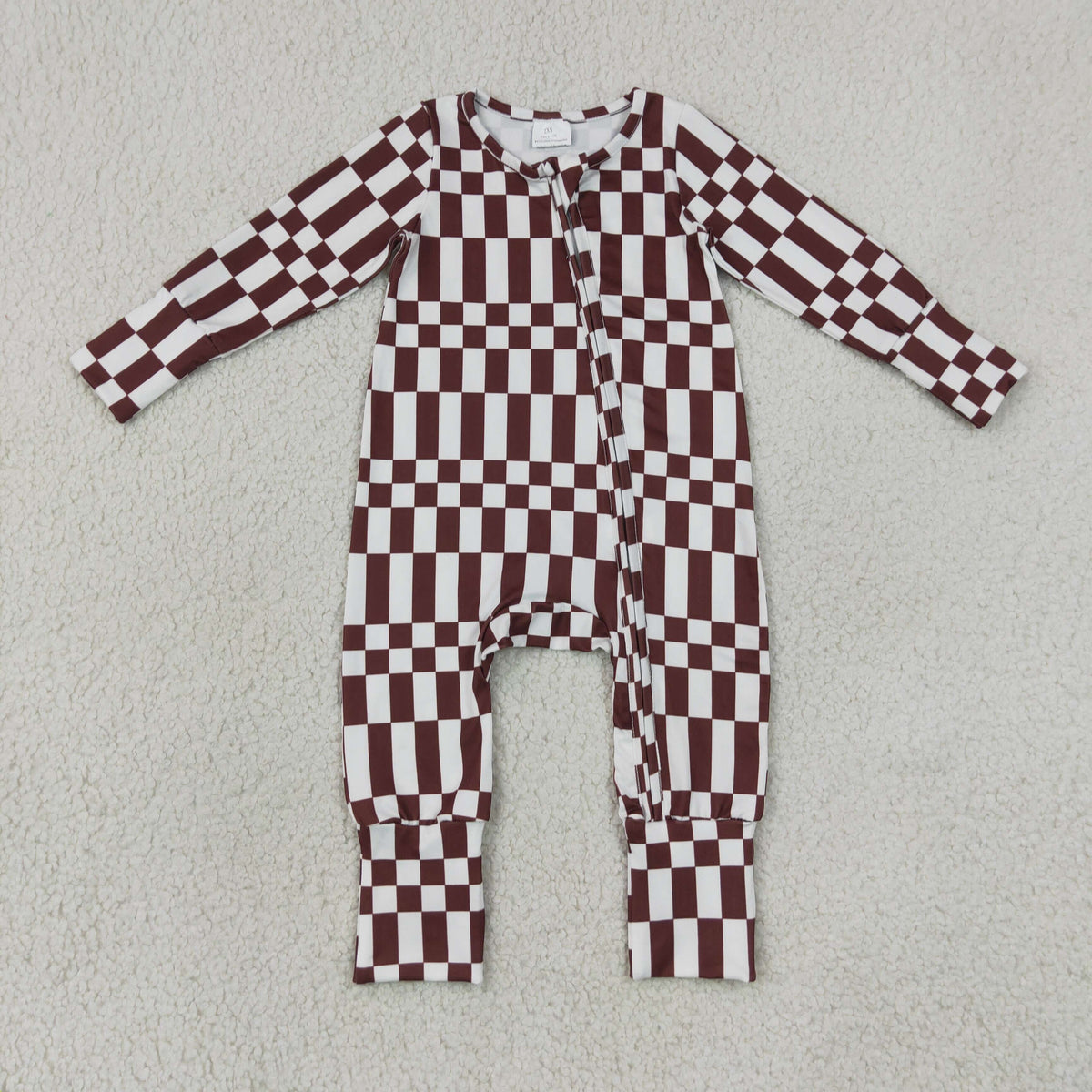 LR3114 Baby Boys Brown Warped Checkerboard Print Two Way Zip Convertible Rompers