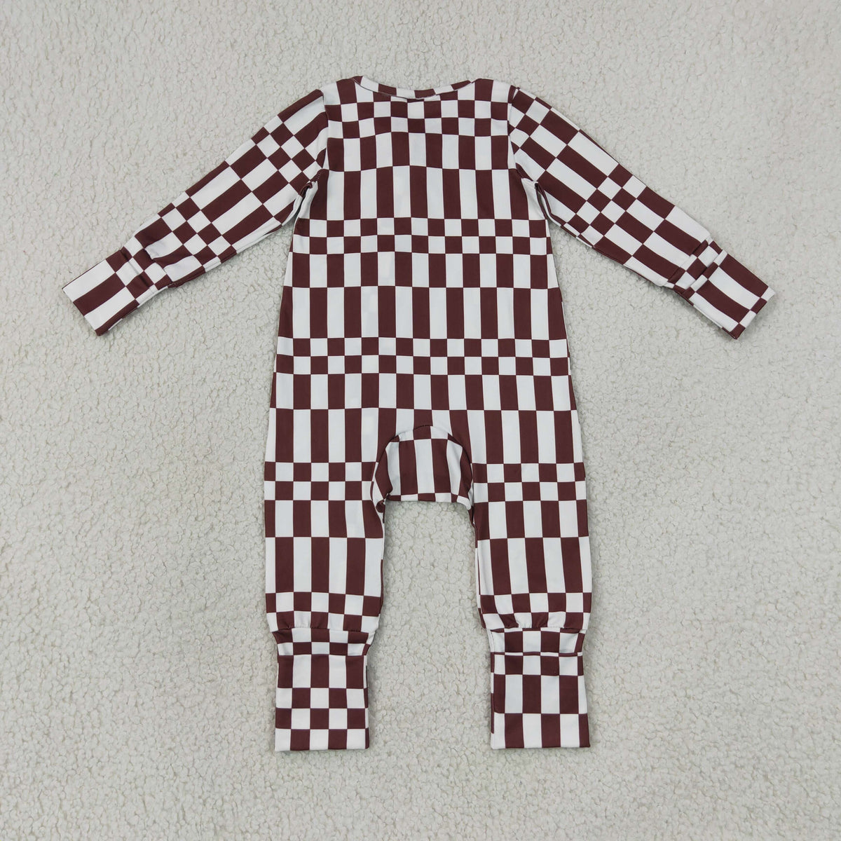 LR3114 Baby Boys Brown Warped Checkerboard Print Two Way Zip Convertible Rompers