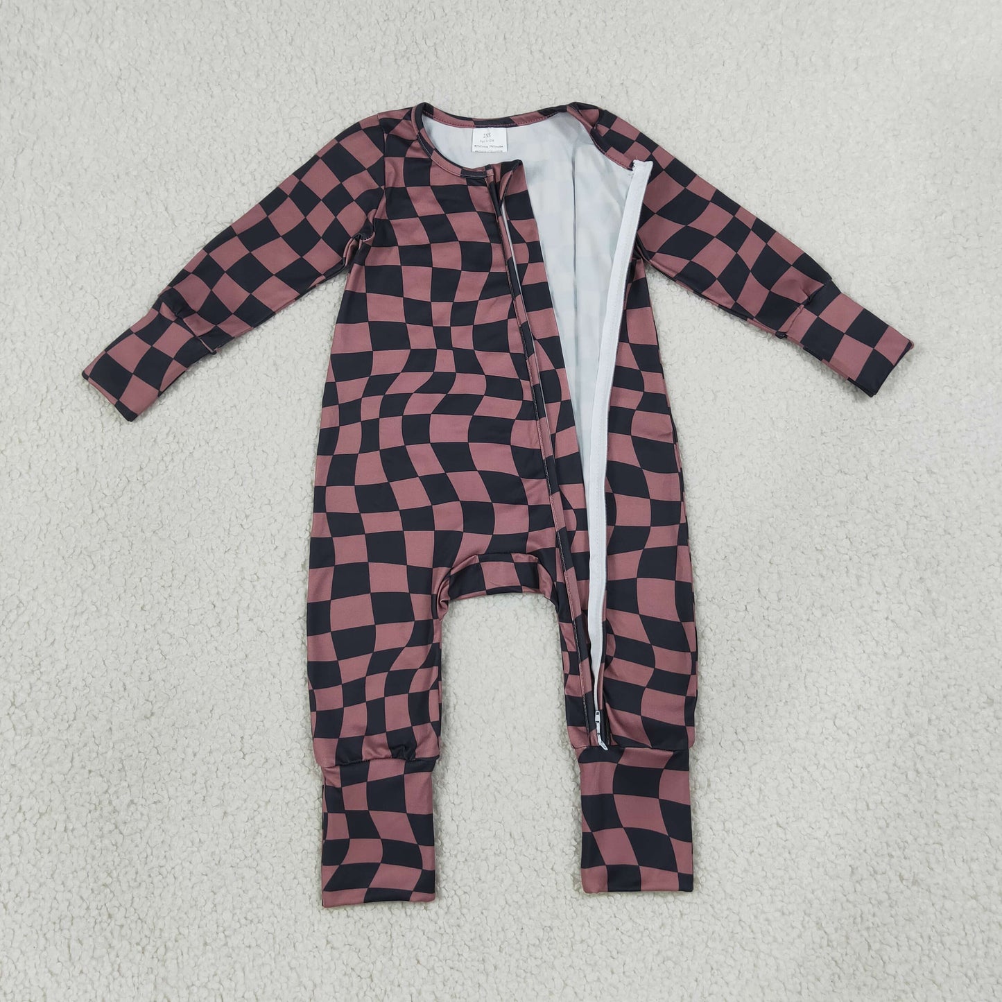Sibling Baby Boys Warped Checkerboard Print Pant Fall Pajamas Set Zip Rompers