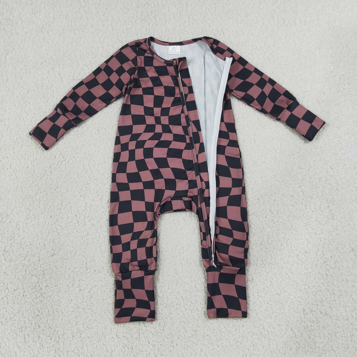 LR3115 Baby Boys Brown Black Warped Checkerboard Print Two Way Zip Convertible Rompers