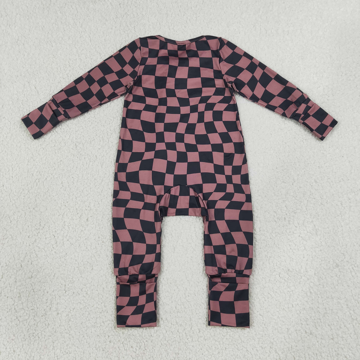 LR3115 Baby Boys Brown Black Warped Checkerboard Print Two Way Zip Convertible Rompers