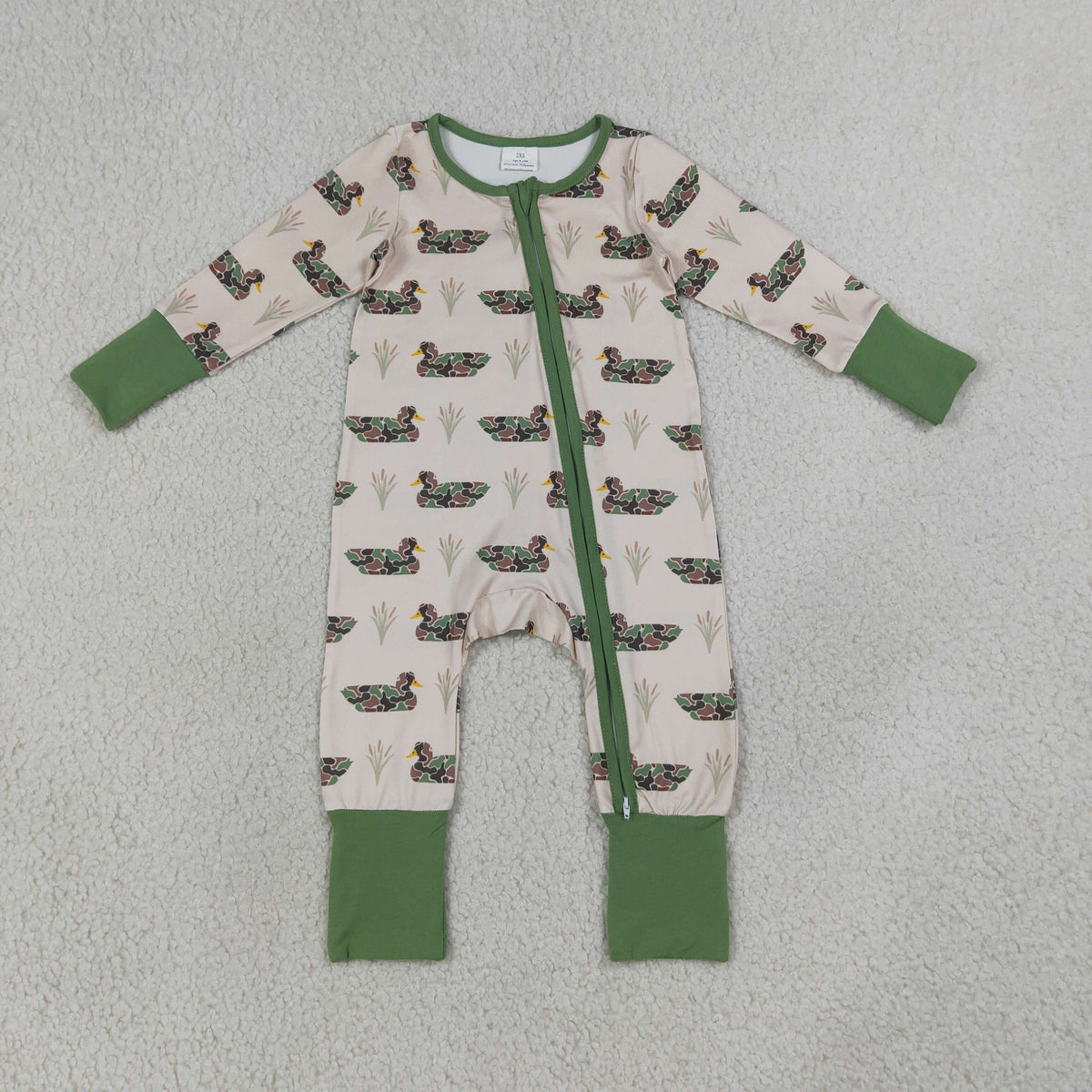 LR3117 Baby Boys Long Sleeve Green Camo Ducks Hunting Two Way Zip Convertible Rompers
