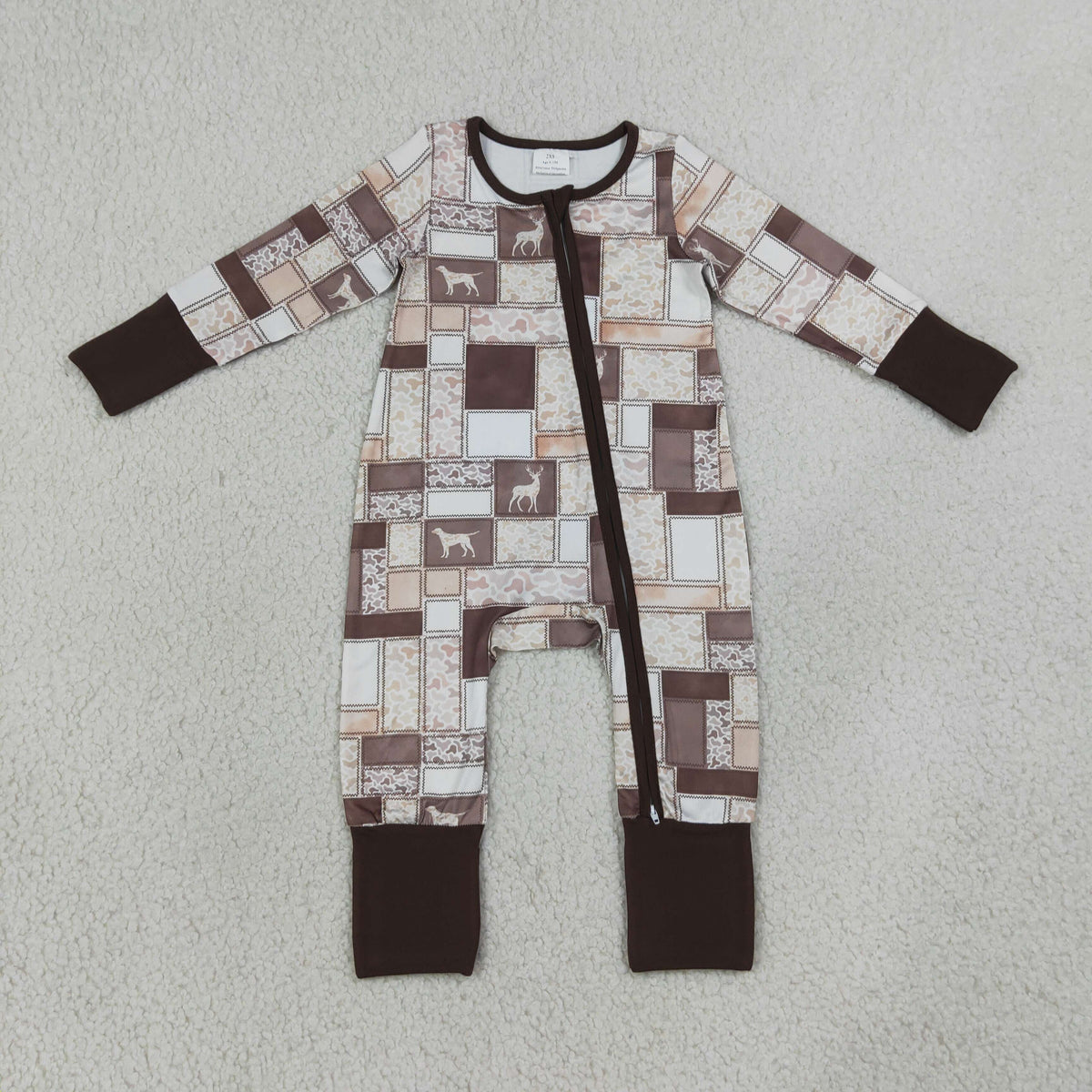 LR3118 Baby Boys Long Sleeve Dogs Deer Cammo Hunting Two Way Zip Convertible Rompers