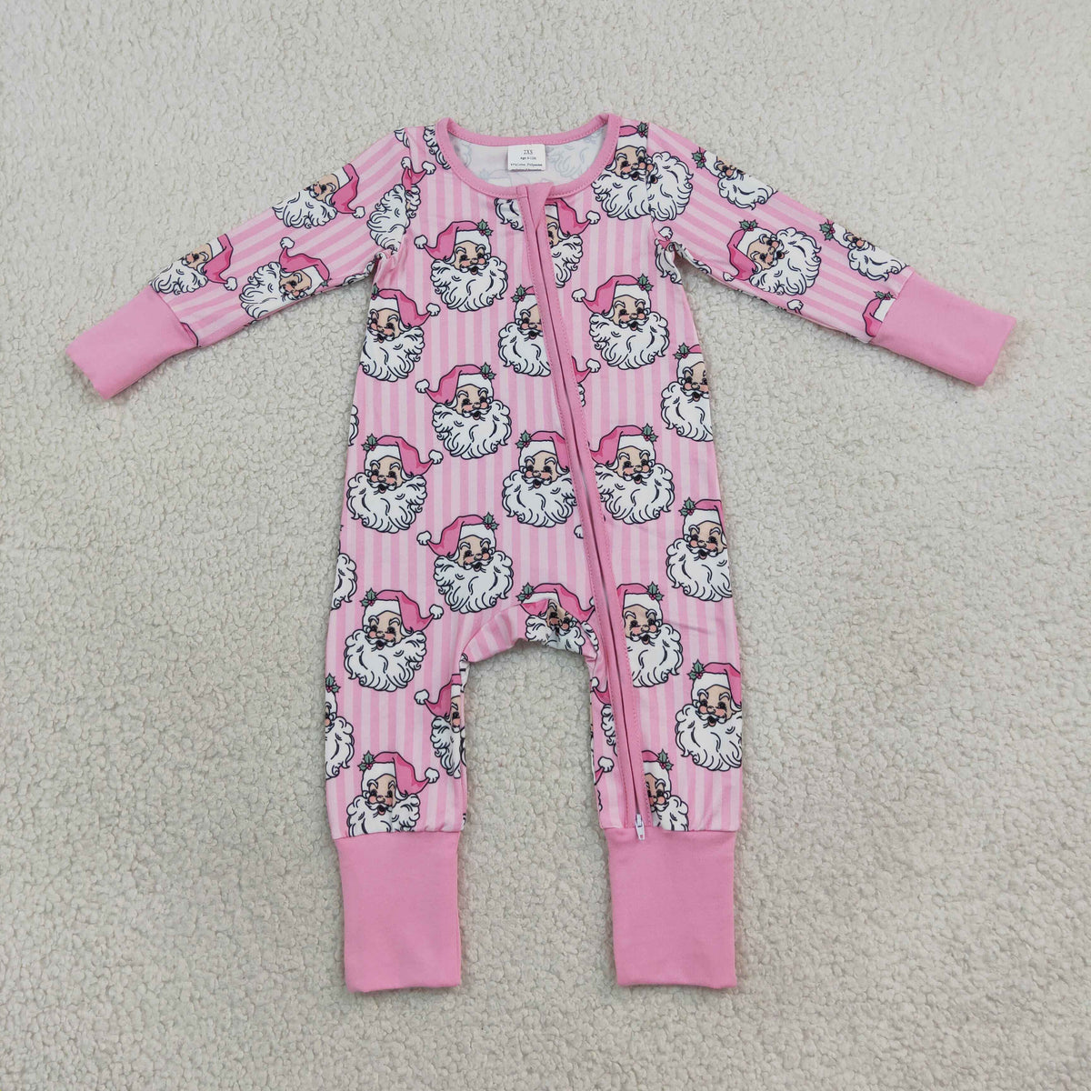 LR3125 Baby Girls Long Sleeve Pink Stripe Santa Christmas Two Way Zip Convertible Rompers
