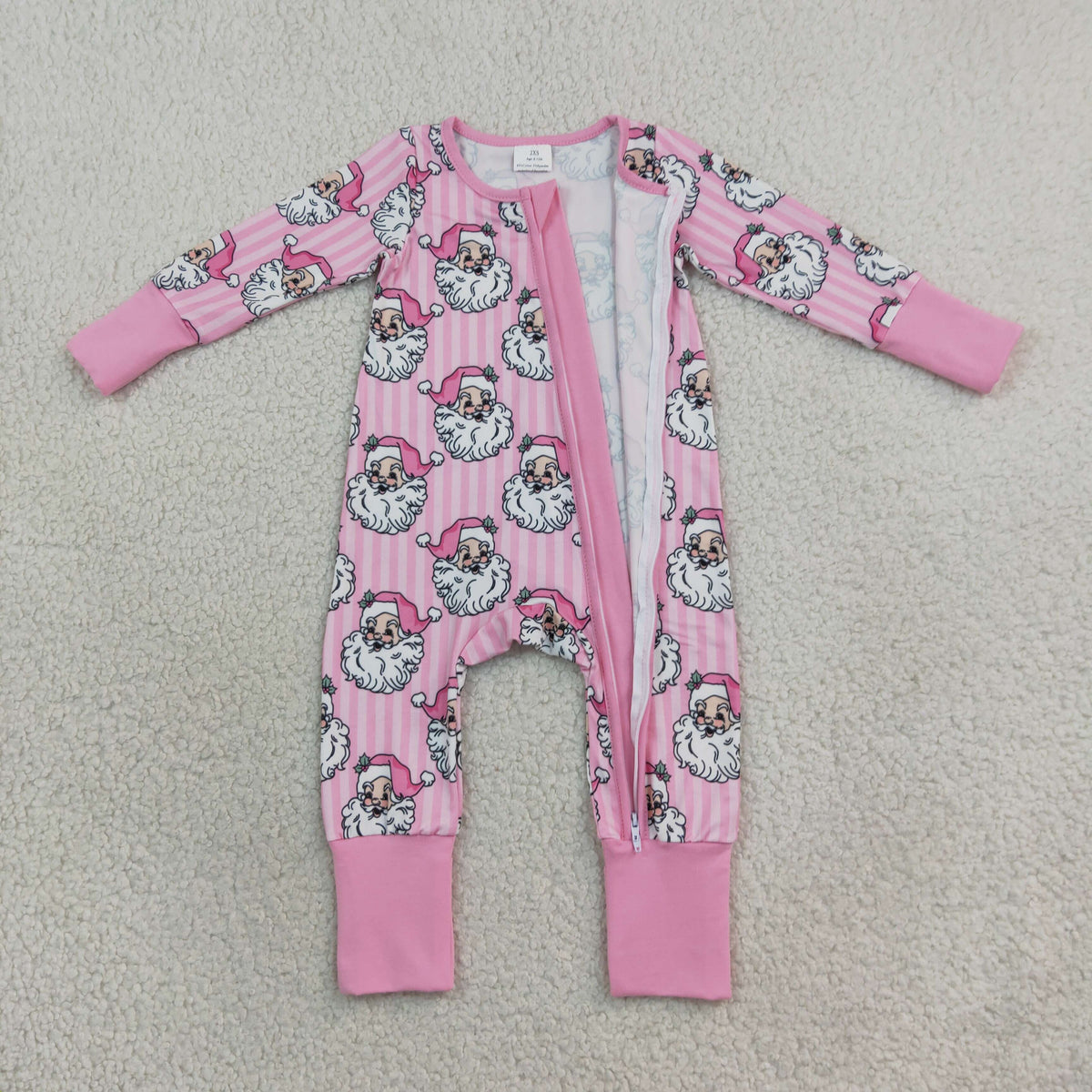 LR3125 Baby Girls Long Sleeve Pink Stripe Santa Christmas Two Way Zip Convertible Rompers