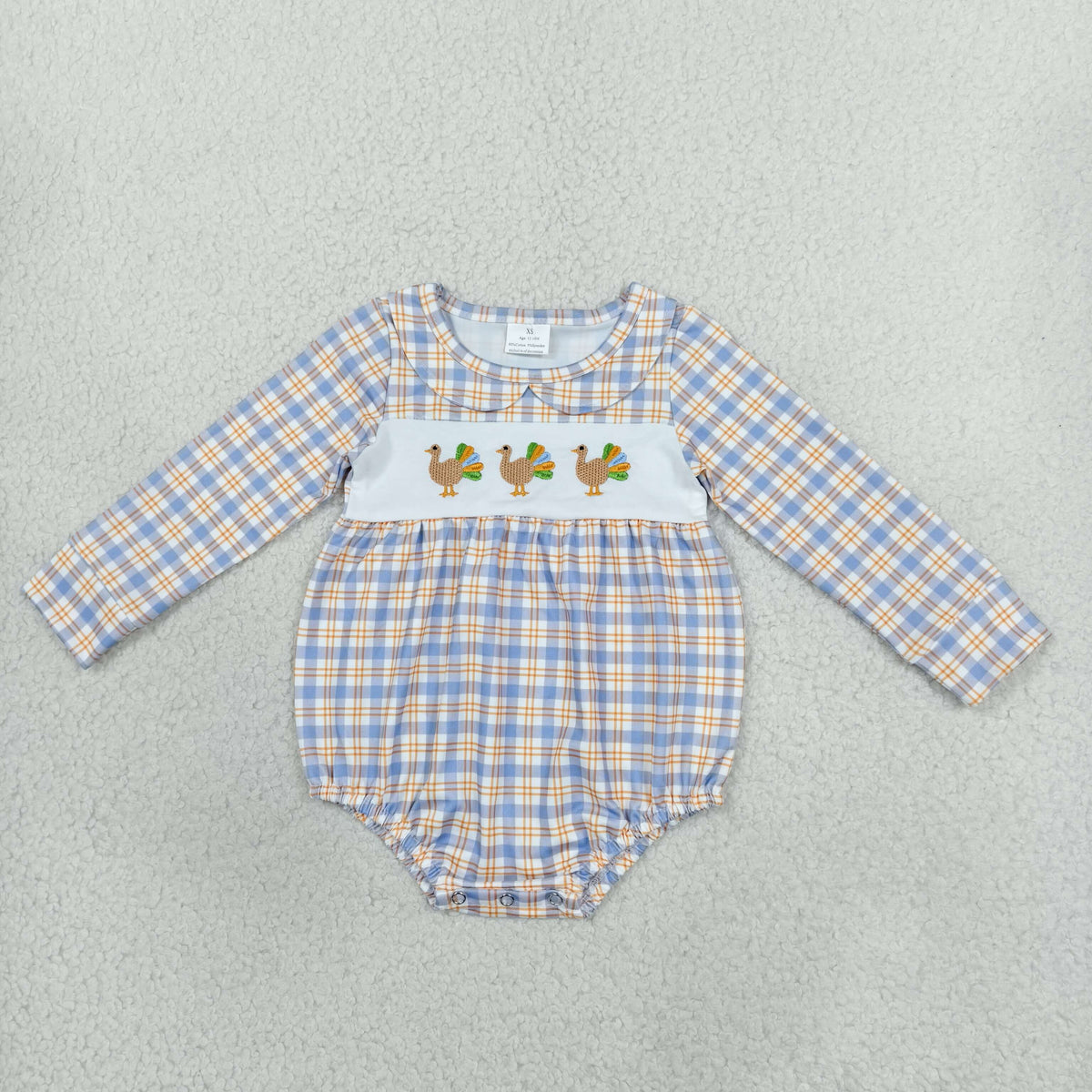 Sibling Baby Girls Embroidery Turkey Blue Checked Thanksgivings Knee Length Dress Rompers