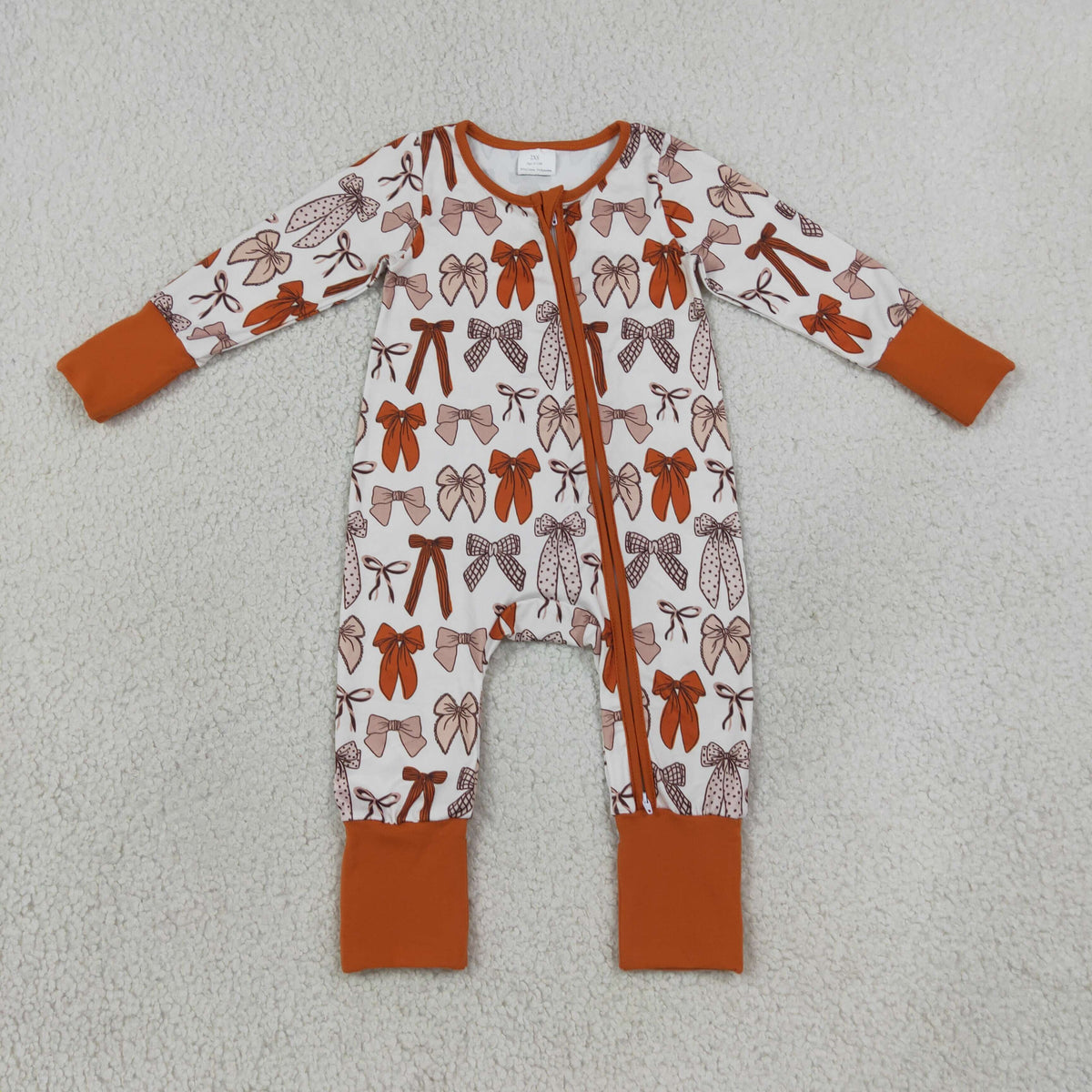LR3158 Baby Girls Long Sleeve Orange Bows Plaid Fall Two Way Zip Convertible Rompers