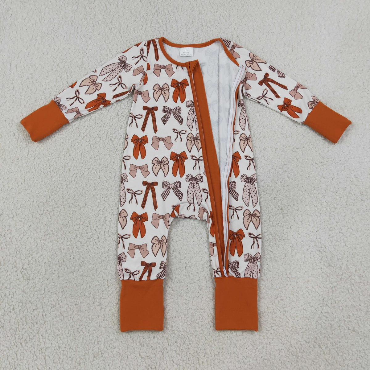 LR3158 Baby Girls Long Sleeve Orange Bows Plaid Fall Two Way Zip Convertible Rompers