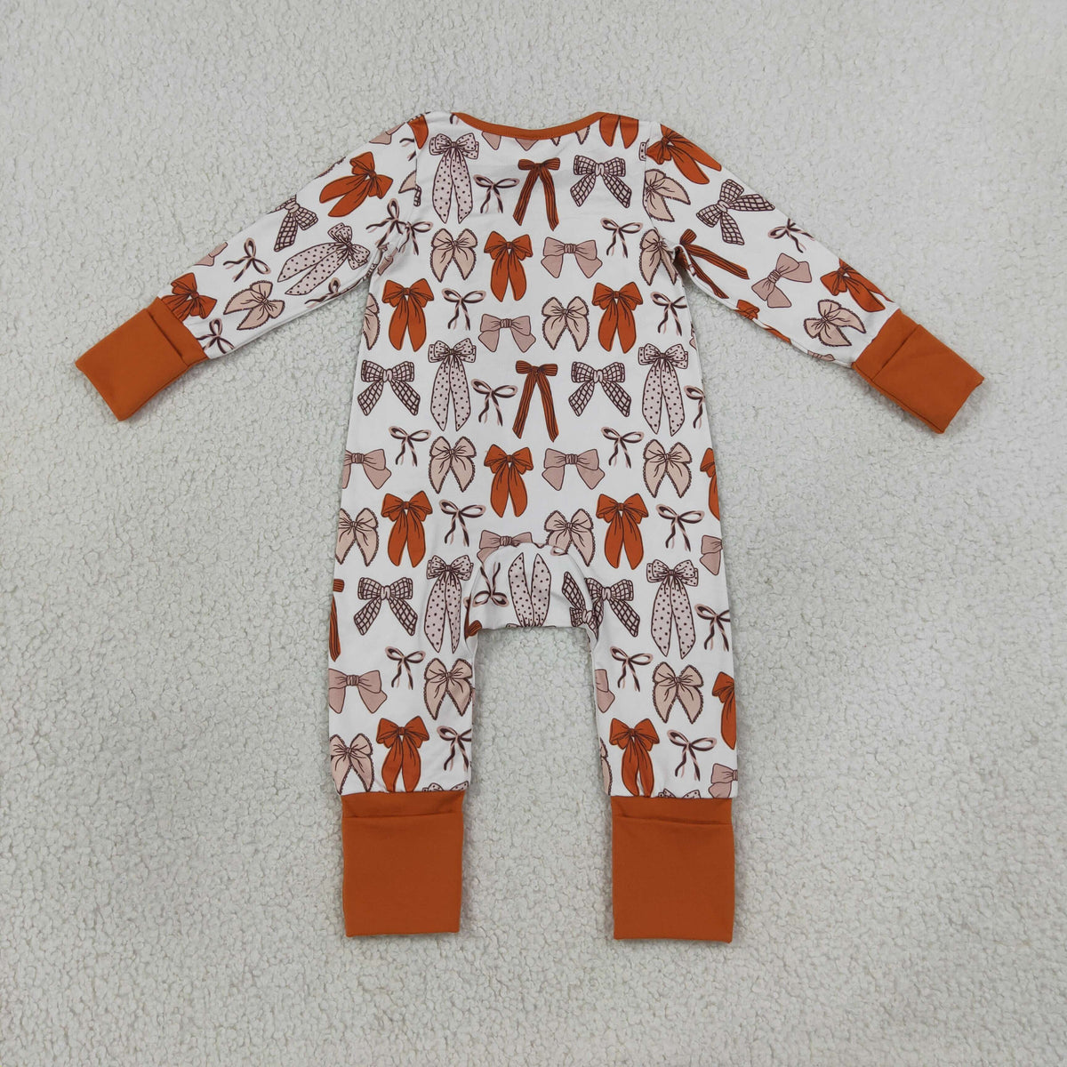 LR3158 Baby Girls Long Sleeve Orange Bows Plaid Fall Two Way Zip Convertible Rompers