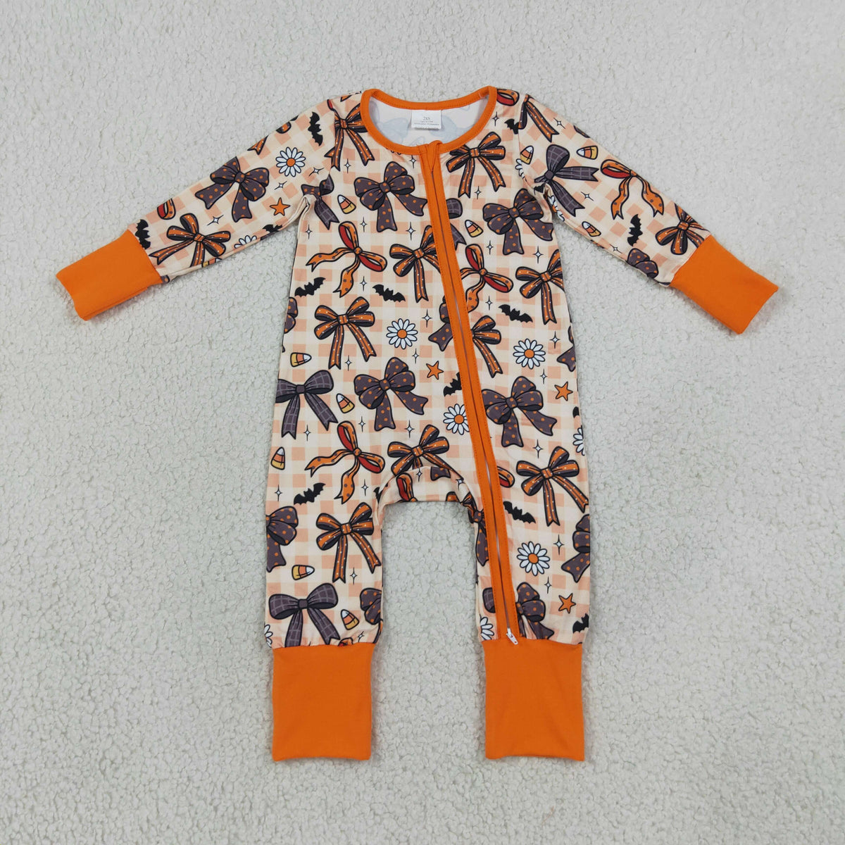 LR3161 Baby Girls Orange Checked Bats Candy Halloween Two Way Zip Convertible Rompers