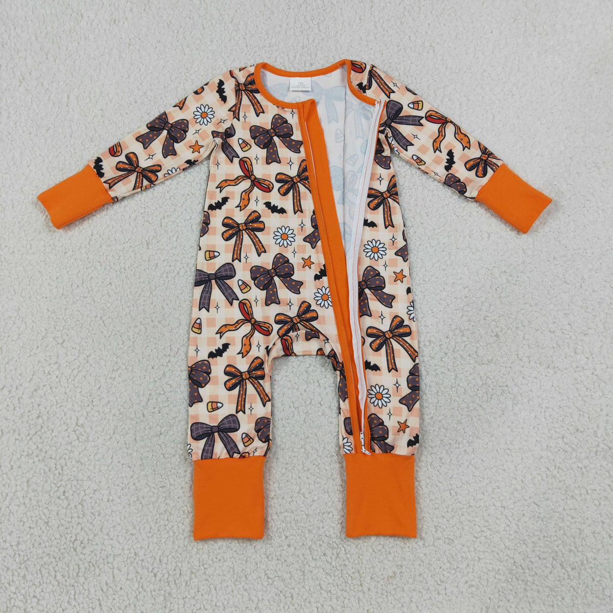 LR3161 Baby Girls Orange Checked Bats Candy Halloween Two Way Zip Convertible Rompers