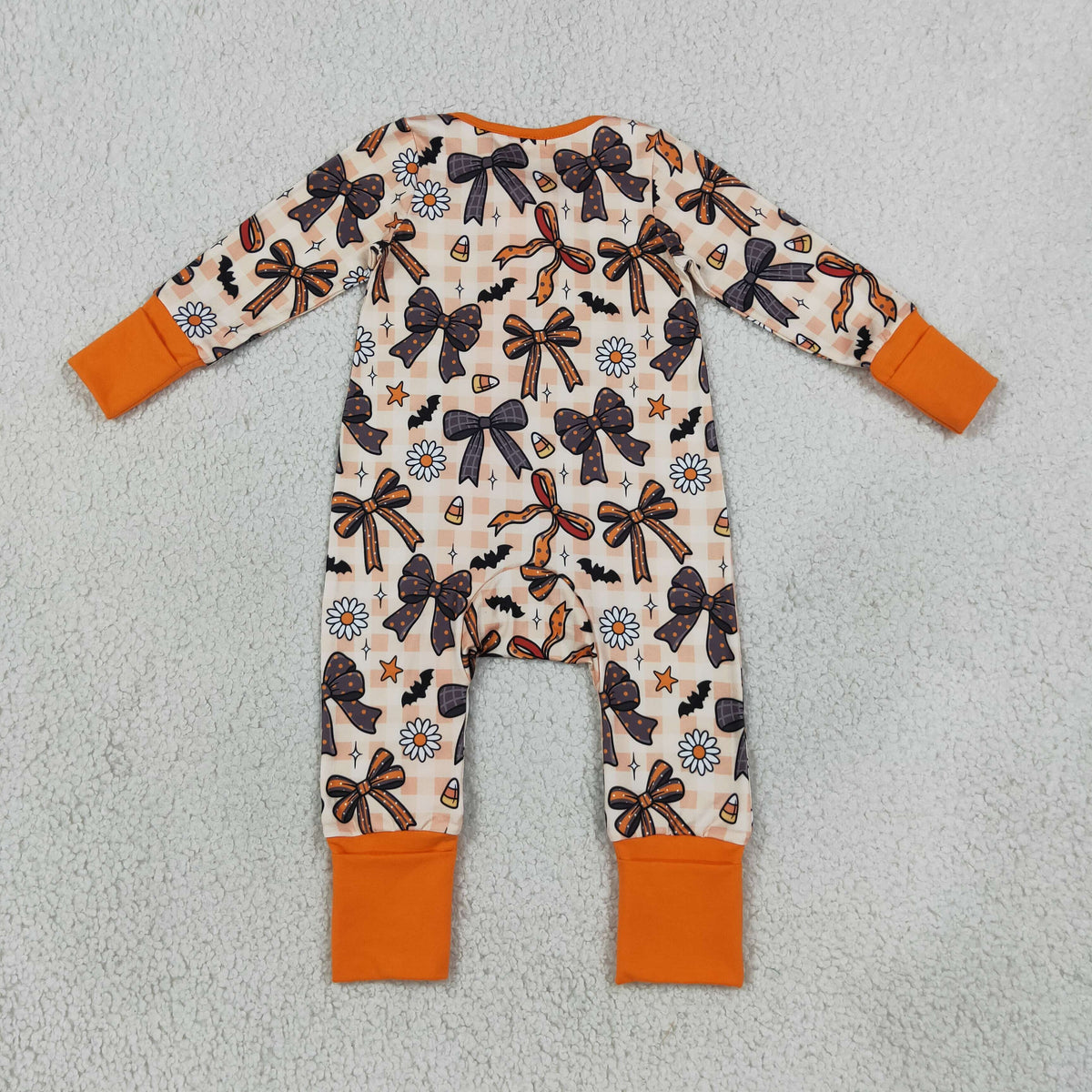 LR3161 Baby Girls Orange Checked Bats Candy Halloween Two Way Zip Convertible Rompers