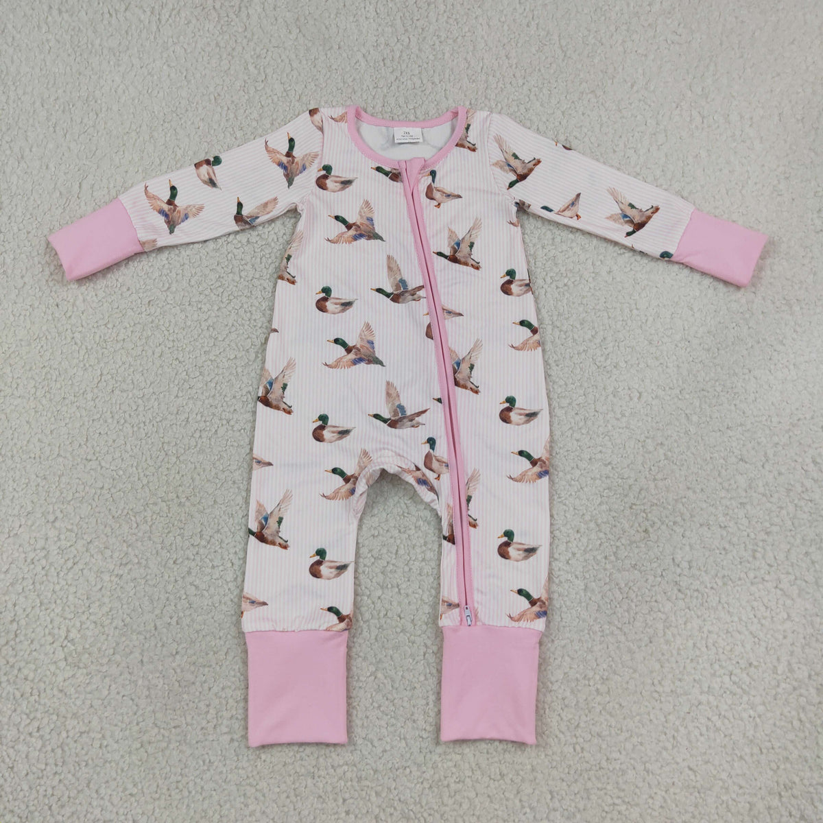 LR3218 Baby Girls Long SLeeve Pink Stripe Ducks Hunting Two Way Zip Convertible Rompers