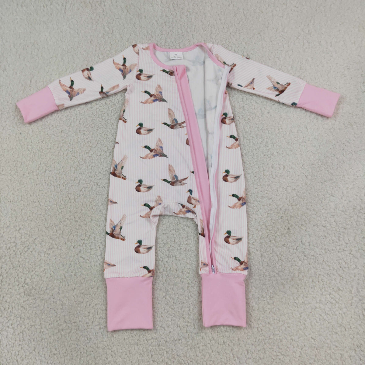 LR3218 Baby Girls Long SLeeve Pink Stripe Ducks Hunting Two Way Zip Convertible Rompers