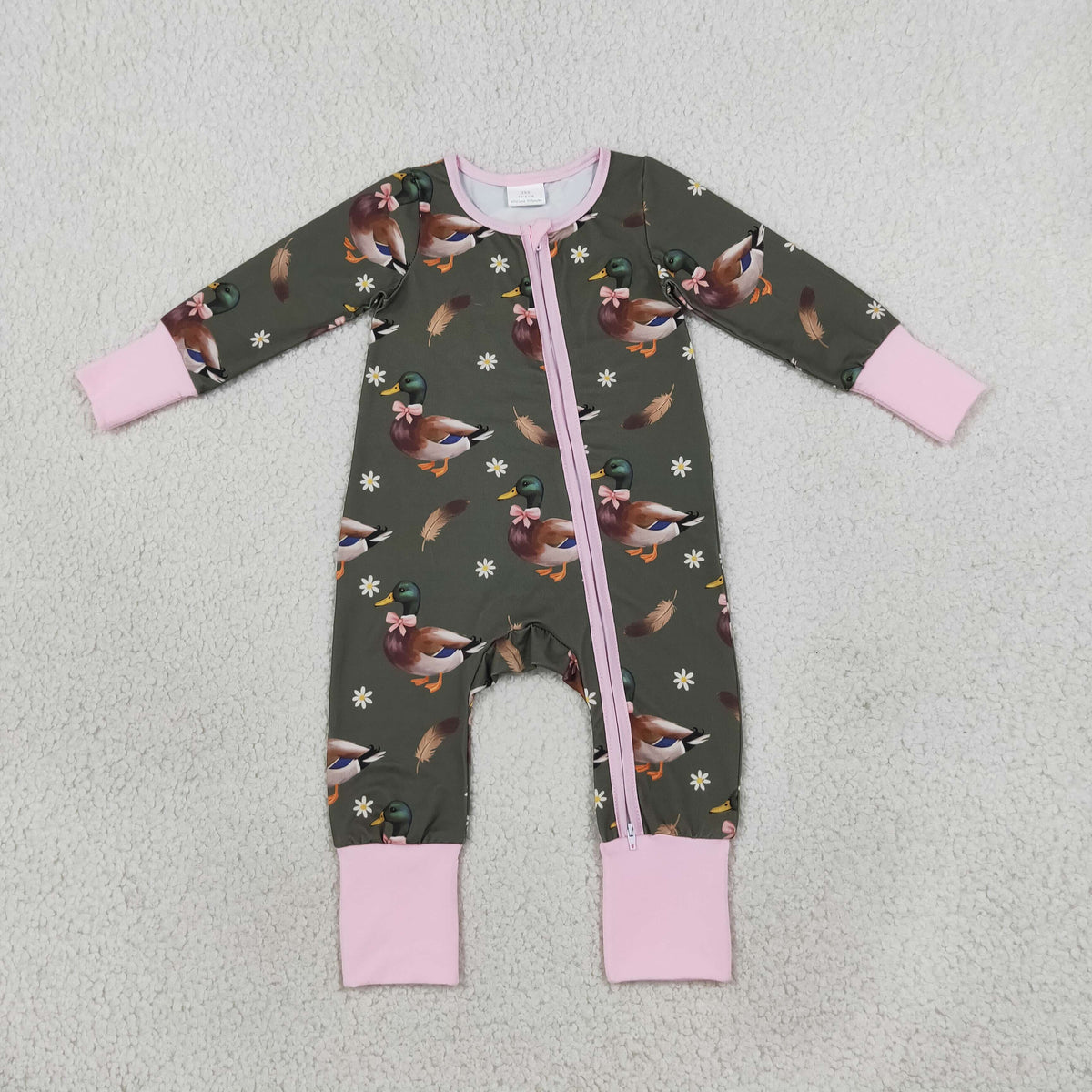 LR3225 Baby Girls Long SLeeve Pink Flowers Ducks Hunting Two Way Zip Convertible Rompers