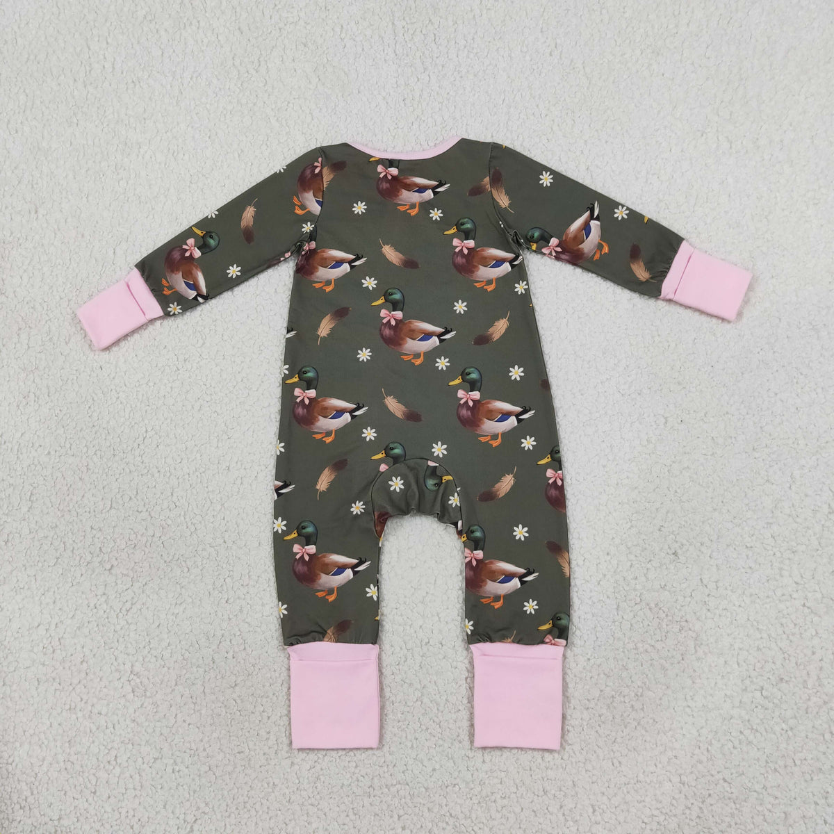 LR3225 Baby Girls Long SLeeve Pink Flowers Ducks Hunting Two Way Zip Convertible Rompers