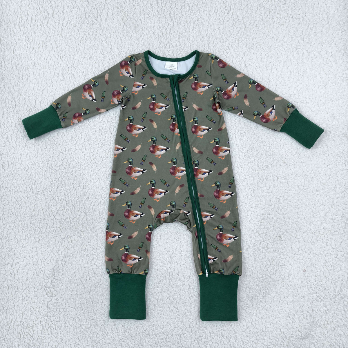 LR3232 Baby Boys Long SLeeve Green Ducks Calls Hunting Two Way Zip Convertible Rompers