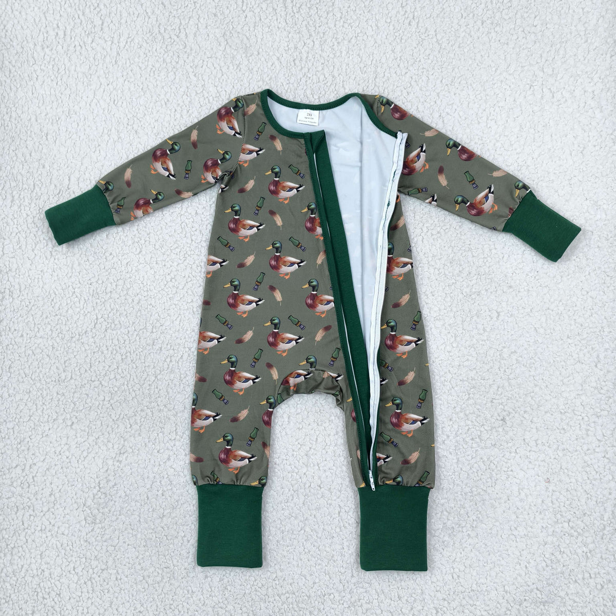 LR3232 Baby Boys Long SLeeve Green Ducks Calls Hunting Two Way Zip Convertible Rompers
