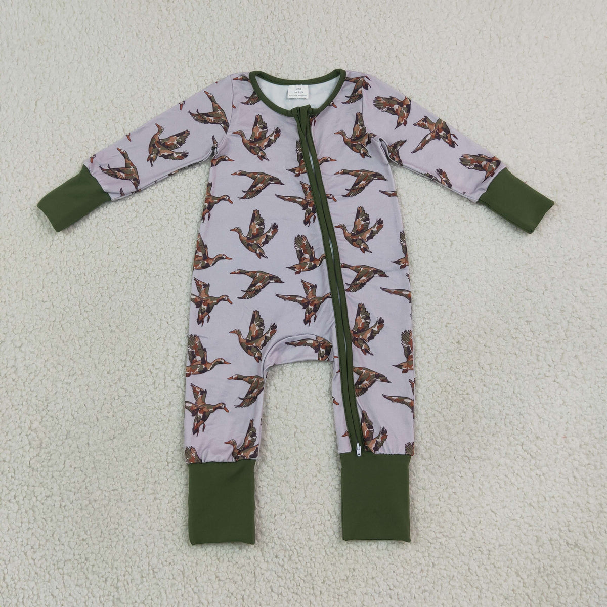 LR3233 Baby Boys Long SLeeve Camo Ducks Hunting Two Way Zip Convertible Rompers