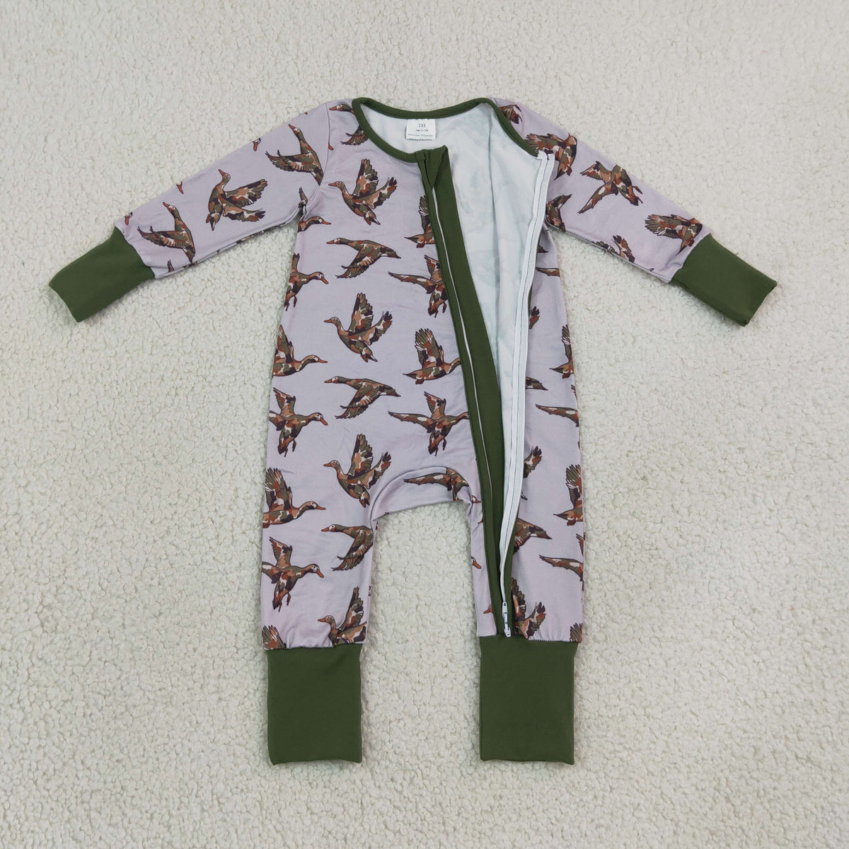 LR3233 Baby Boys Long SLeeve Camo Ducks Hunting Two Way Zip Convertible Rompers