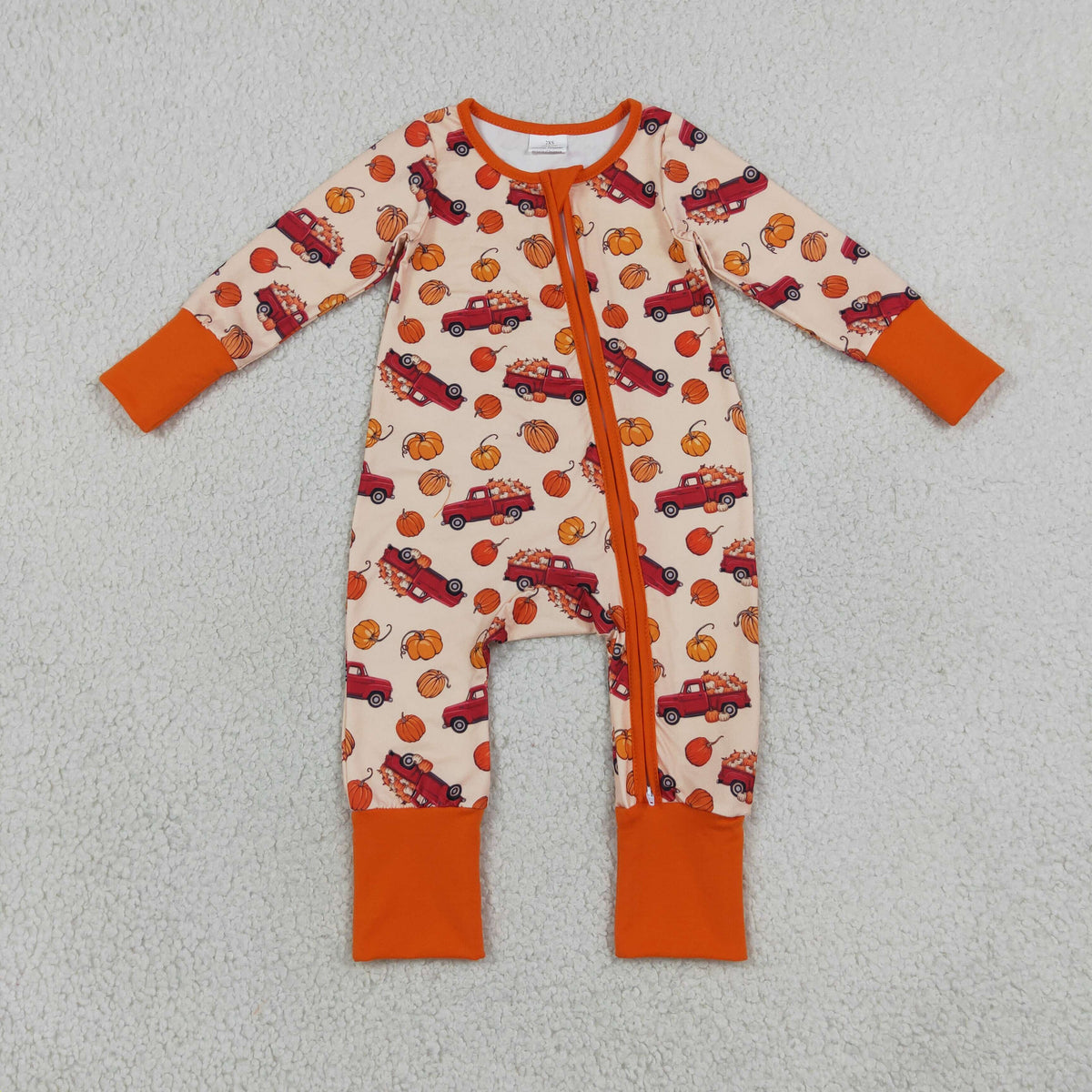 LR3234 Baby Boys Long SLeeve Pumpkins Cars Fall Two Way Zip Convertible Rompers