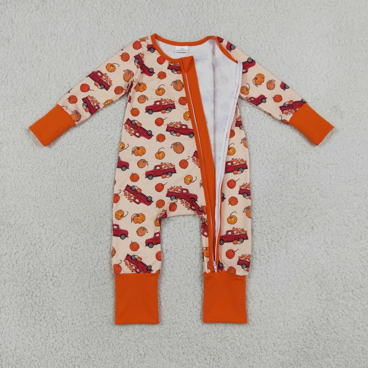 LR3234 Baby Boys Long SLeeve Pumpkins Cars Fall Two Way Zip Convertible Rompers