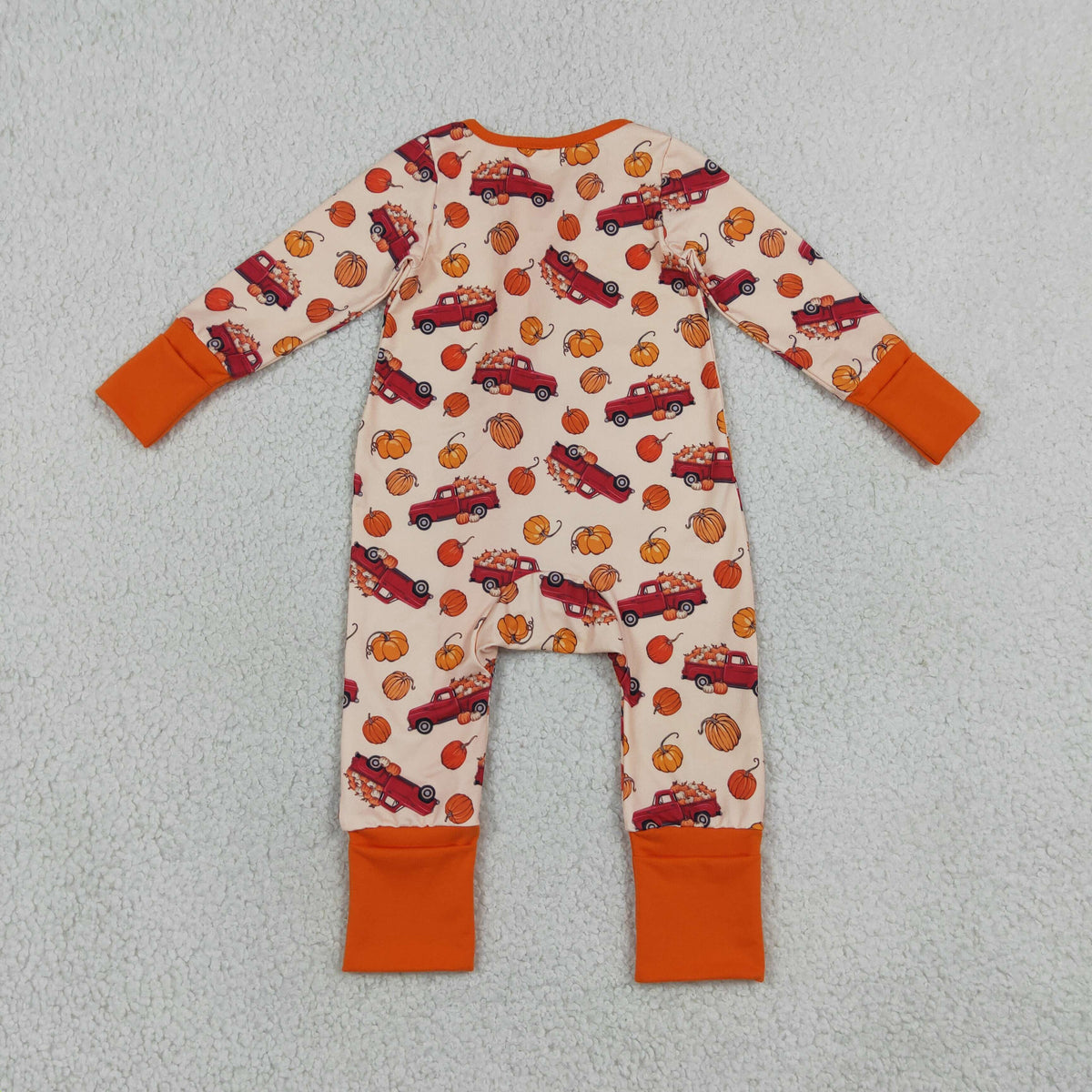 LR3234 Baby Boys Long SLeeve Pumpkins Cars Fall Two Way Zip Convertible Rompers