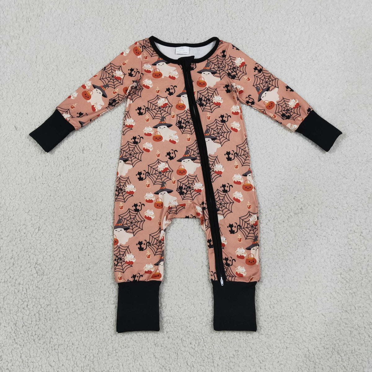 LR3250 Baby Boys Ghost Pumpkins Spidewebs Halloween Two Way Zip Convertible Rompers