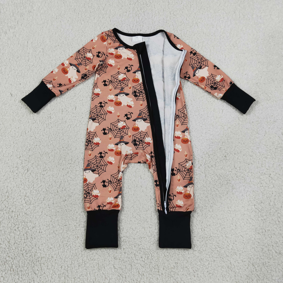 LR3250 Baby Boys Ghost Pumpkins Spidewebs Halloween Two Way Zip Convertible Rompers