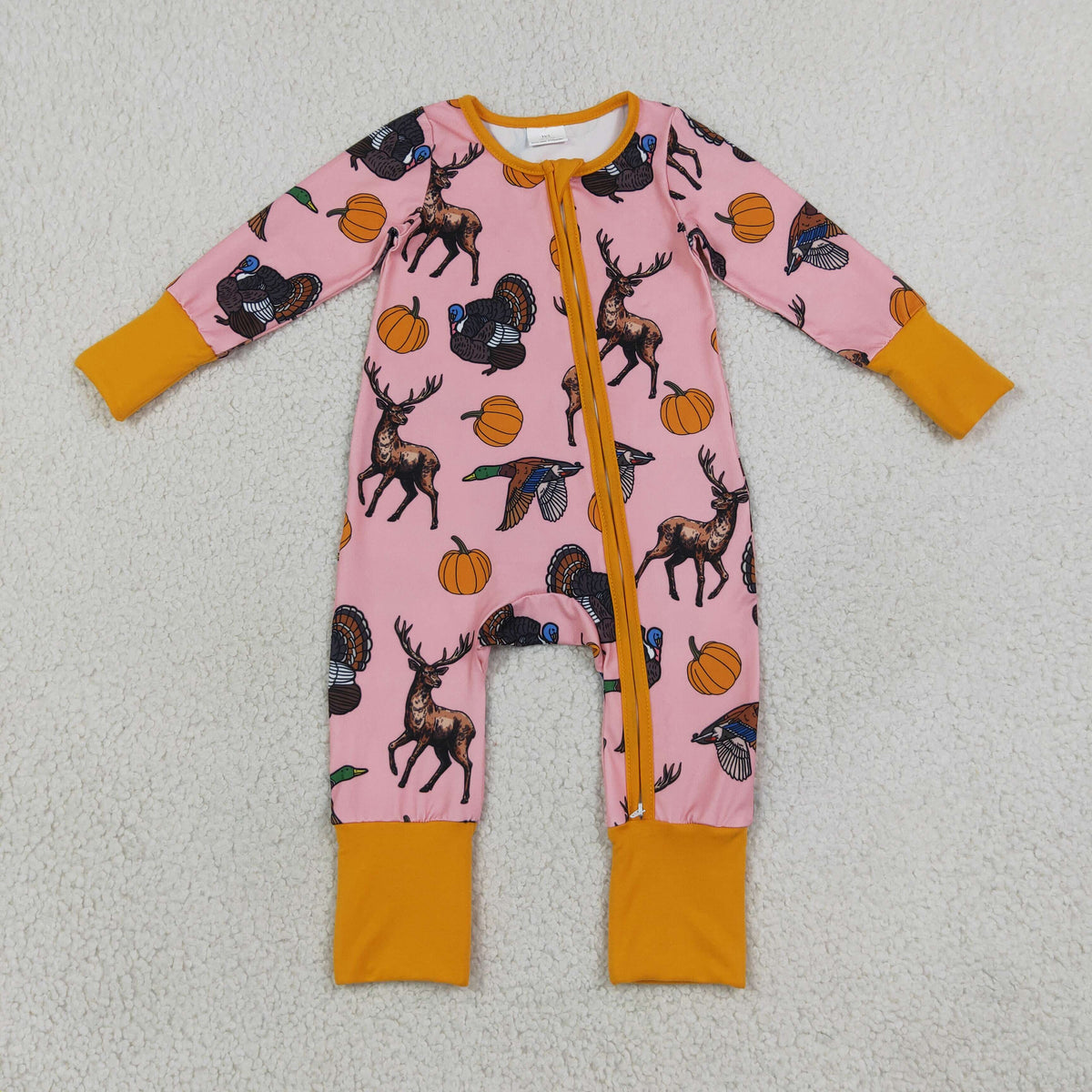 LR3252 Baby Girls Pumpkins Deer Turkey Thanksgivings Two Way Zip Convertible Rompers