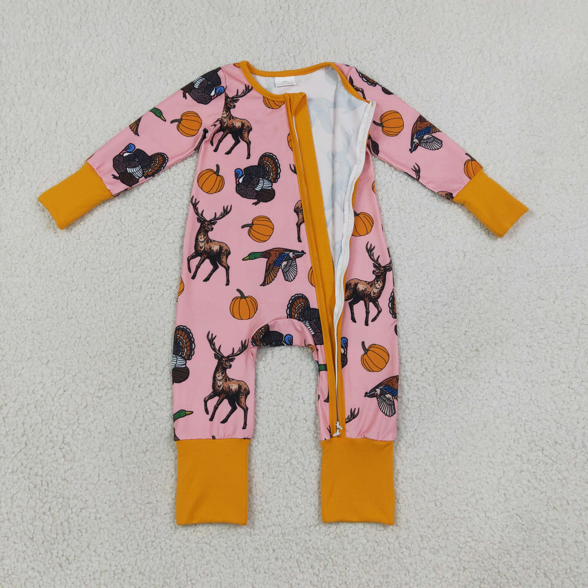 LR3252 Baby Girls Pumpkins Deer Turkey Thanksgivings Two Way Zip Convertible Rompers
