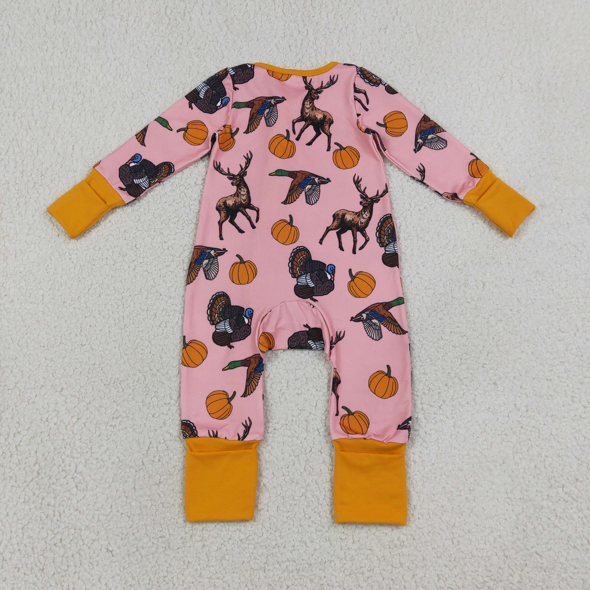 LR3252 Baby Girls Pumpkins Deer Turkey Thanksgivings Two Way Zip Convertible Rompers