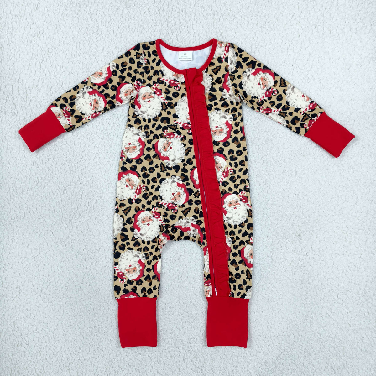LR3302 Baby Girls Long Sleeve Leopard Santa Christmas Two Way Ruffle Zip Convertible Rompers