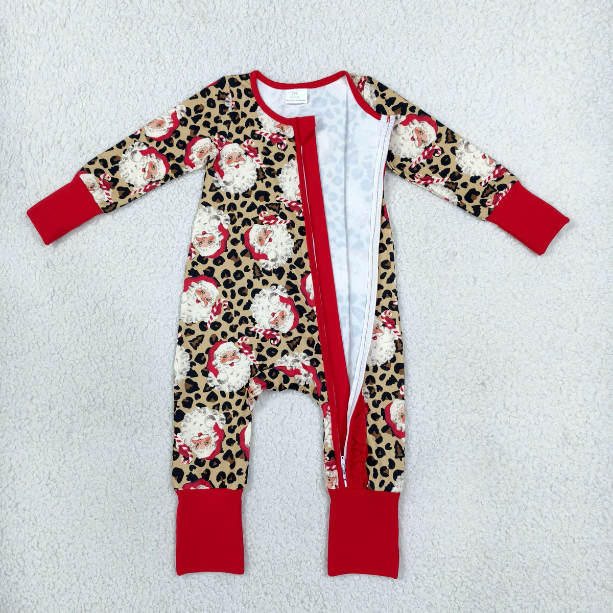 LR3302 Baby Girls Long Sleeve Leopard Santa Christmas Two Way Ruffle Zip Convertible Rompers