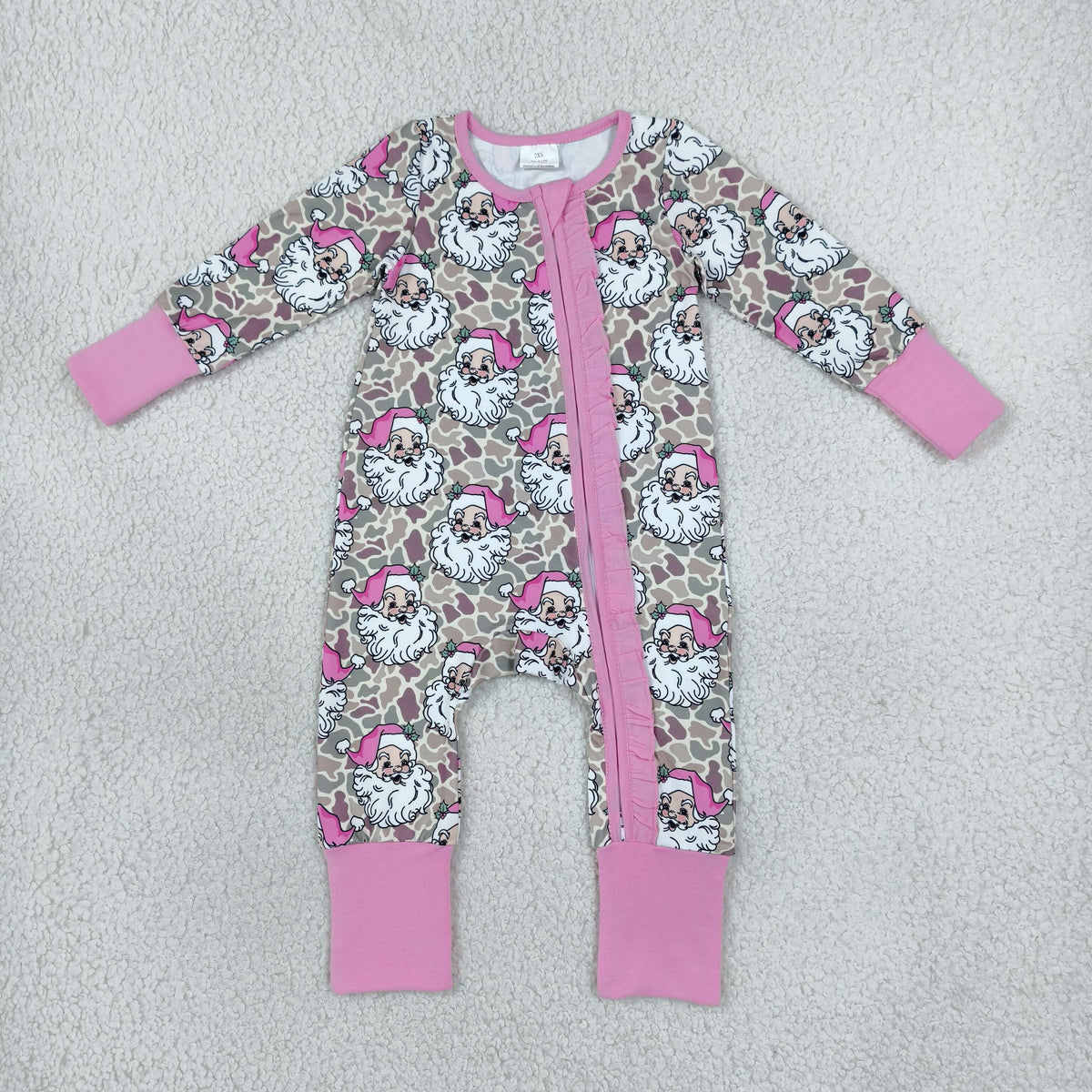 LR3305 Baby Girls Pink Santa Camo Christmas Two Way Ruffle Zip Convertible Rompers
