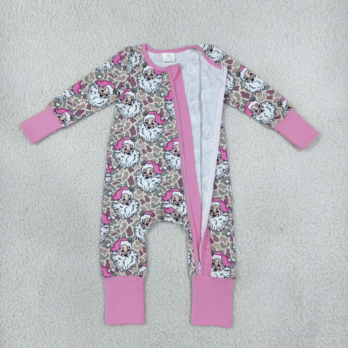 LR3305 Baby Girls Pink Santa Camo Christmas Two Way Ruffle Zip Convertible Rompers