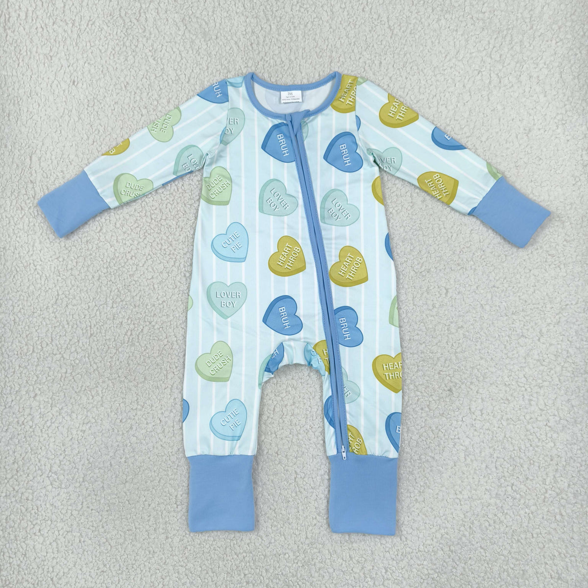 LR3326 Baby Boys Blue Stripe XOXO Hearts Valentines Two Way Zip Convertible Rompers