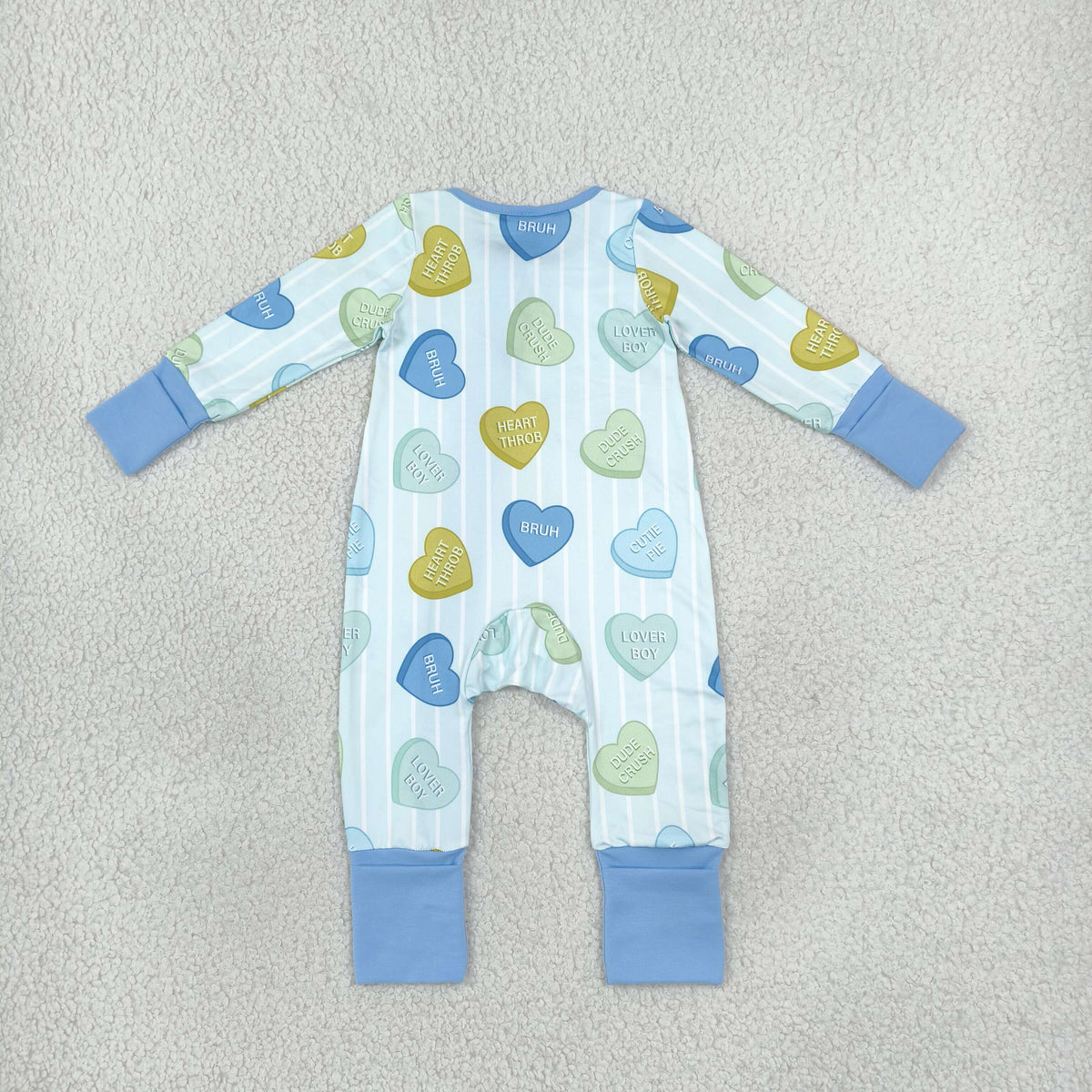 LR3326 Baby Boys Blue Stripe XOXO Hearts Valentines Two Way Zip Convertible Rompers