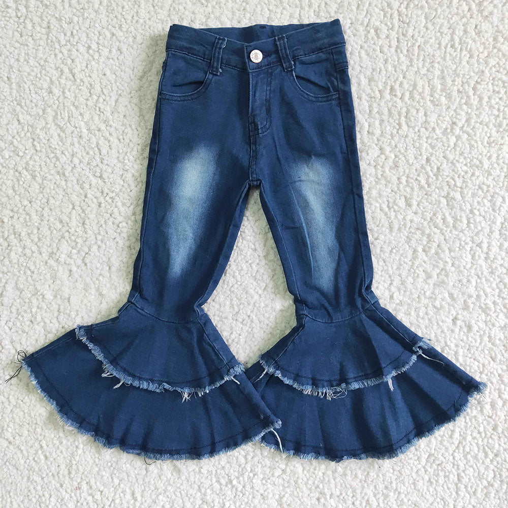 Sibling Baby Girls Blue Ruffle Bell Bottom Denim Pants Jeans