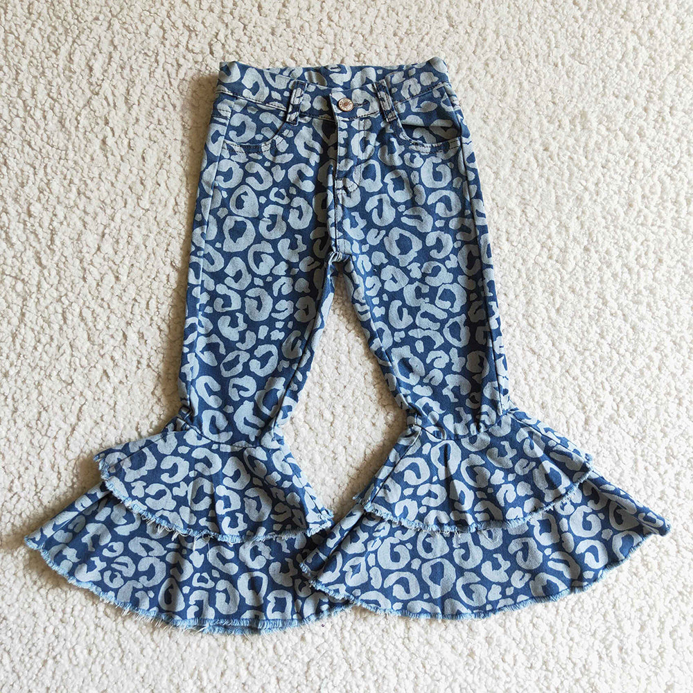 Sibling Baby Girls Leopard Camo Bell Bottom Denim Pants Jeans