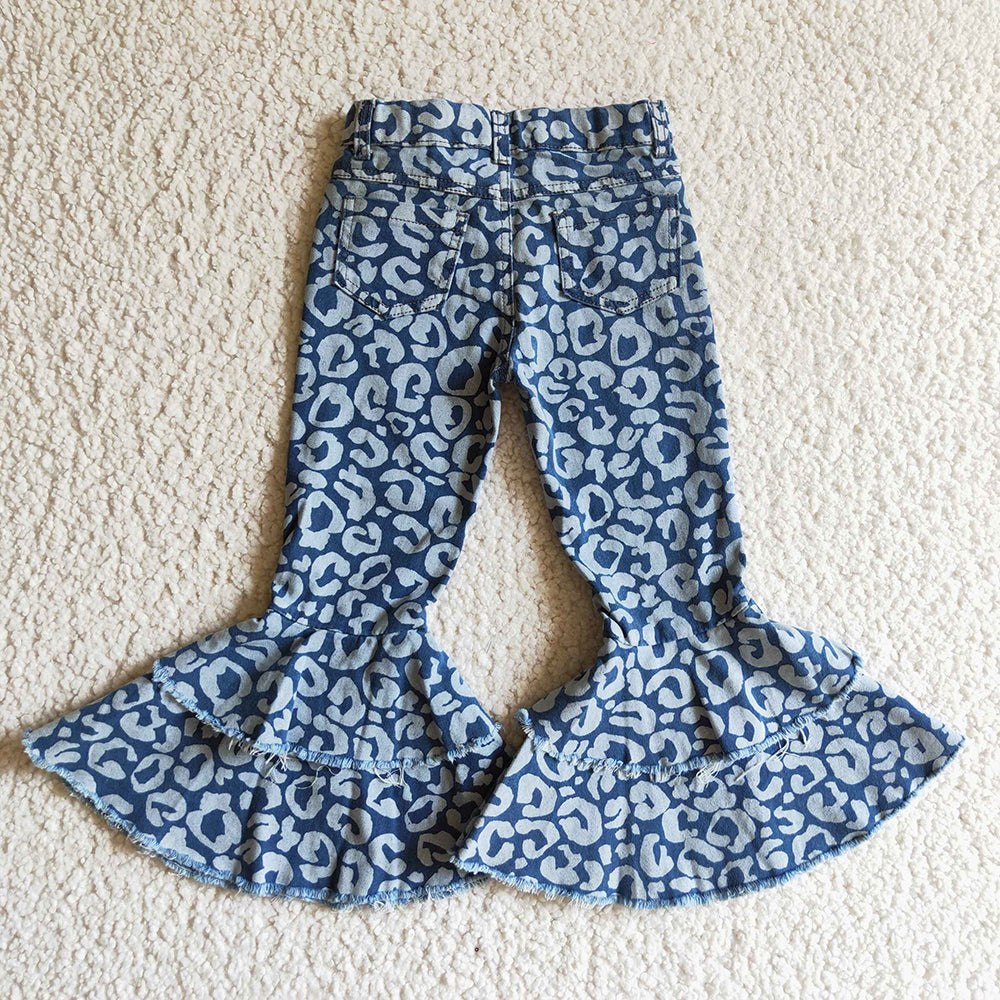Sibling Baby Girls Leopard Camo Bell Bottom Denim Pants Jeans