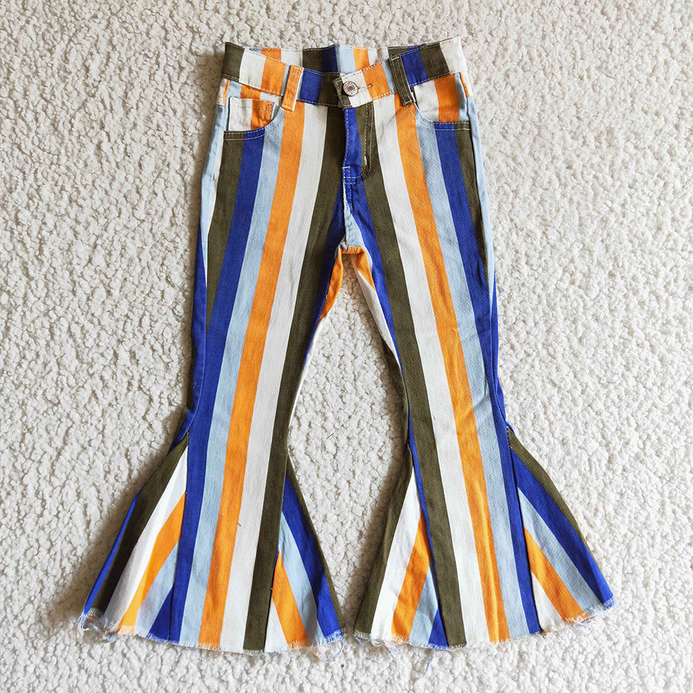 Sibling Baby Girls Colorful Stripes Bell Bottom Denim Jeans Pants