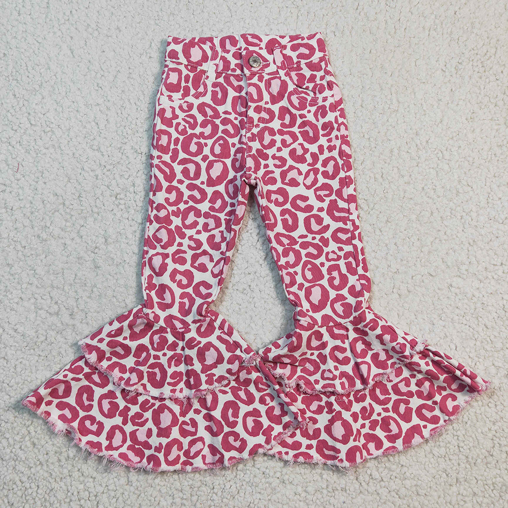 Sibling Baby Girls Leopard Camo Bell Bottom Denim Pants Jeans