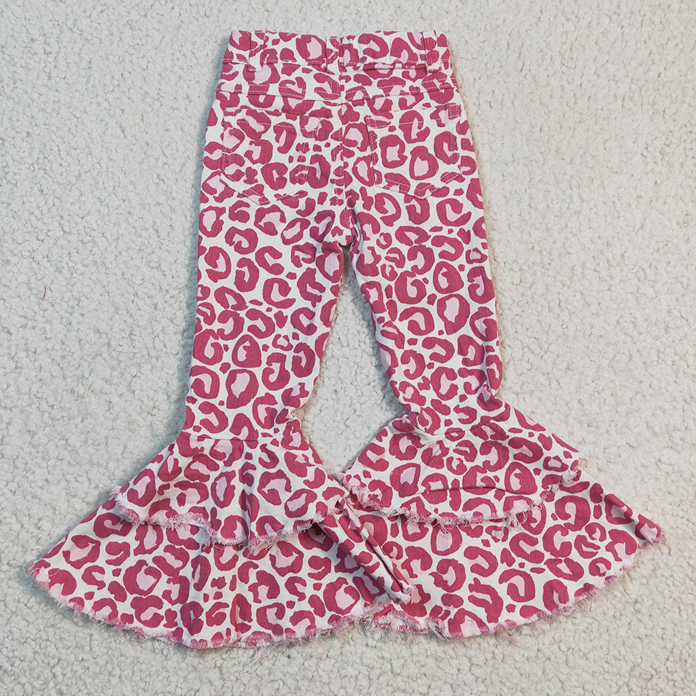 Sibling Baby Girls Leopard Camo Bell Bottom Denim Pants Jeans