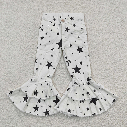 Western White Black Stars Denim Double Ruffle Pants Jeans P0068