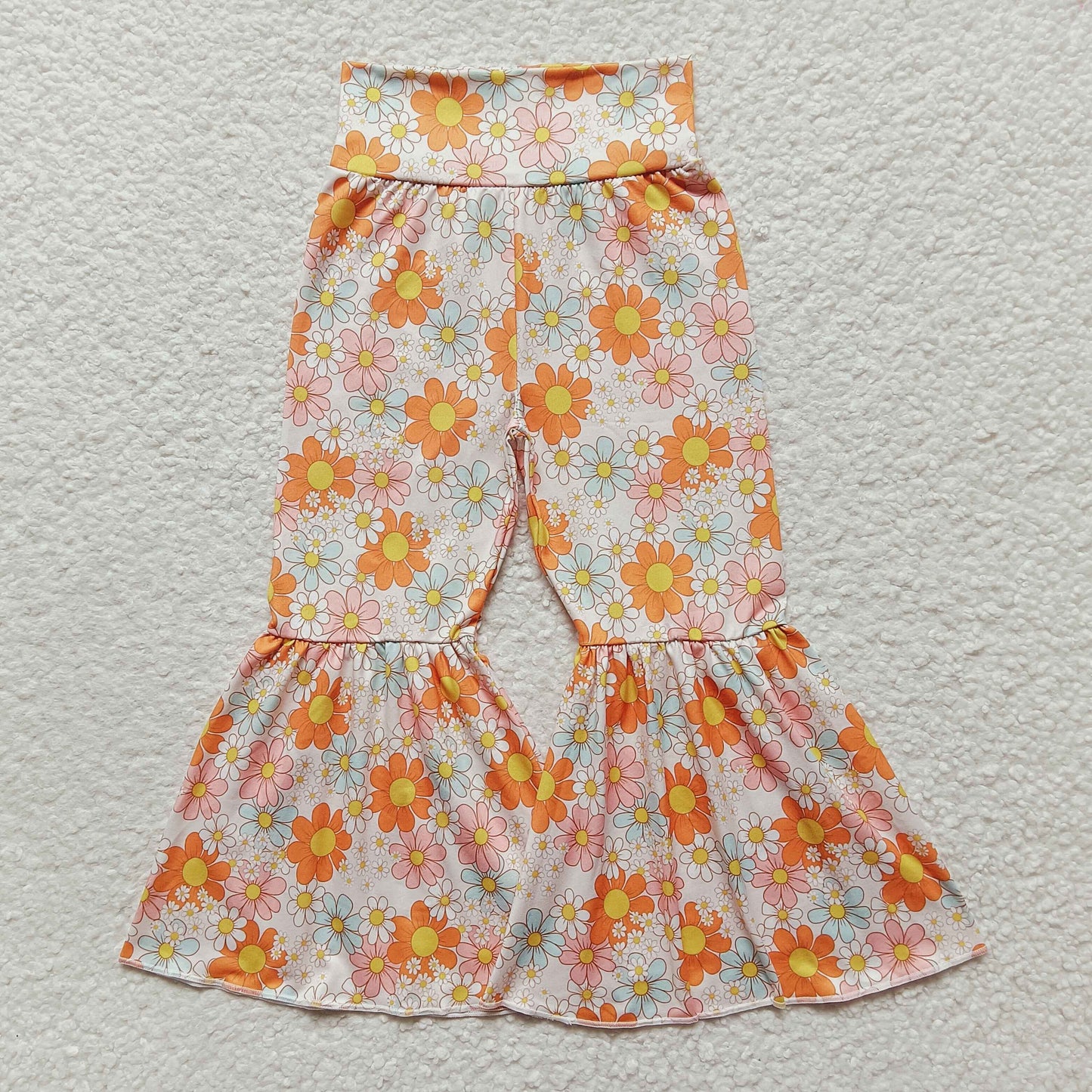 Sibling Baby Girls Thanksgiving Fall Flowers Pumpkins Bell Bottom Pants