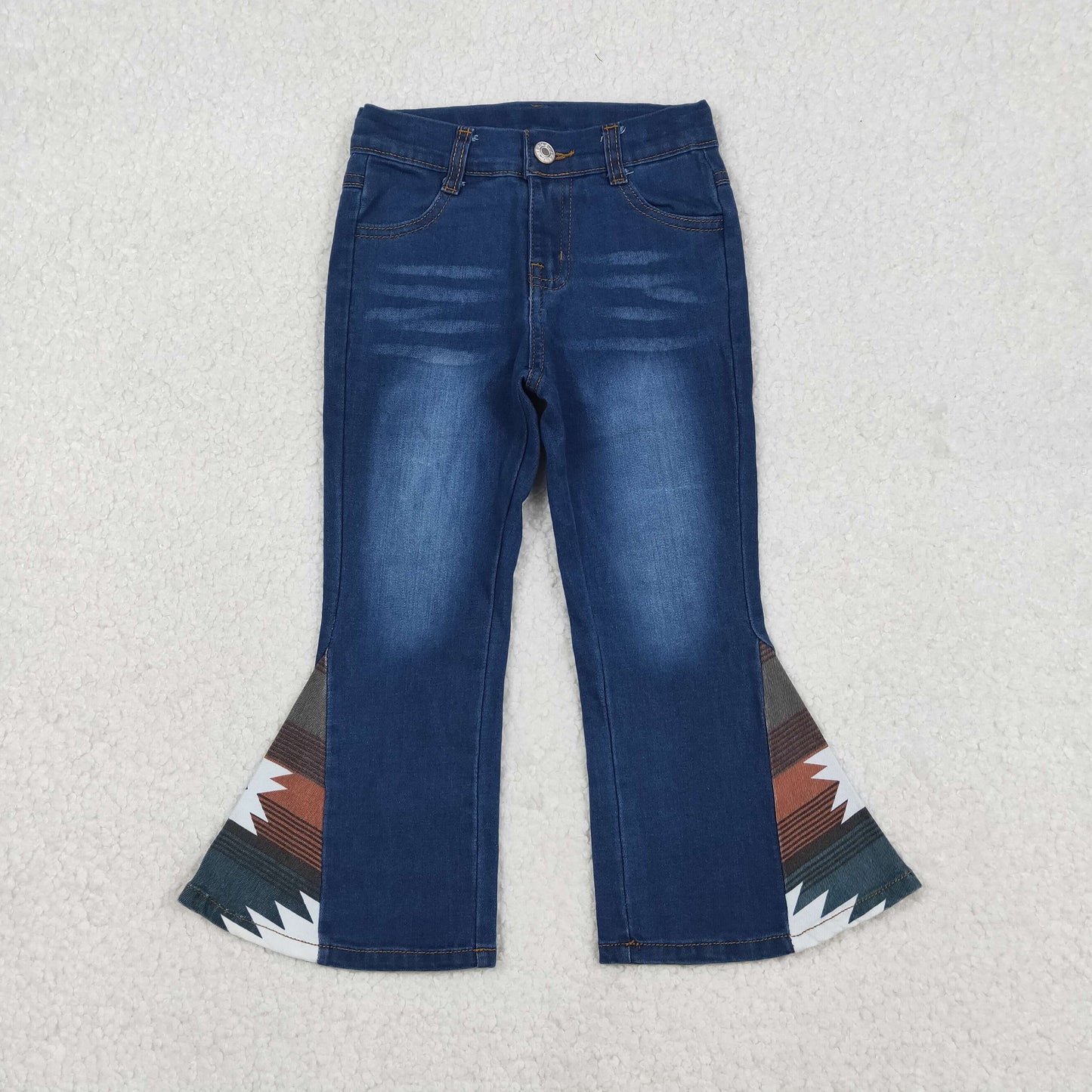 P0303 Baby Girls Blue Pockets Aztec Western Denim Bell Bottom Jeans Pants Bottom